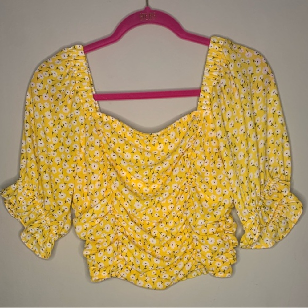 Altar’d State Off The Shoulder Cropped Yellow Multi Smocked Top size Large